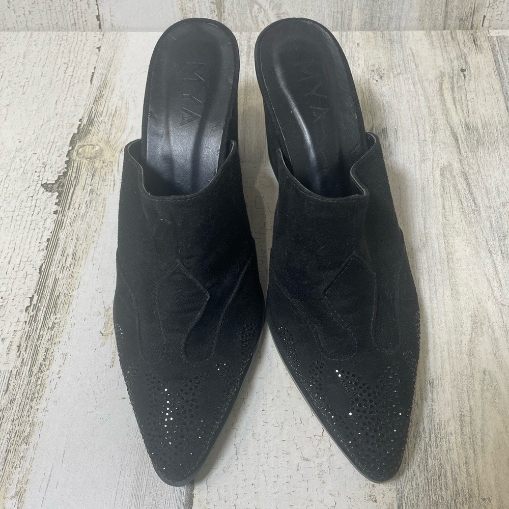 Mya Black Pointed Toe Rhinestone Mules Block‎ Heel Slip On Flame Y2K Brazil sz 8 - Picture 2 of 7